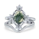 Two Piece Oval Natural Green Moss Agate Bridal Chevron Ring 925 Sterling Silver