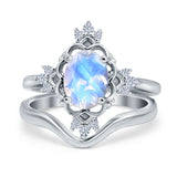 Two Piece Oval Natural Moonstone Bridal Chevron Ring 925 Sterling Silver