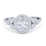 Art Deco Oval Moissanite Halo Leaf Accent Ring 925 Sterling Silver