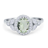 Art Deco Oval Natural Green Amethyst Prasiolite Halo Leaf Accent Ring 925 Sterling Silver
