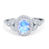 Art Deco Oval Natural Moonstone Halo Leaf Accent Ring 925 Sterling Silver