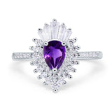 Art Deco Pear Teardrop Natural Amethyst Cocktail Ring 925 Sterling Silver