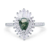 Art Deco Pear Teardrop Natural Green Moss Agate Cocktail Ring 925 Sterling Silver
