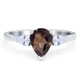 Three Stone Art Deco Pear Teardrop Natural Chocolate Smoky Quartz Trio Ring 925 Sterling Silver