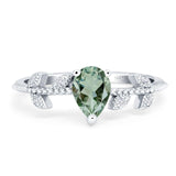 Pear Teardrop Natural Green Amethyst Prasiolite Beaded Leaf CZ Ring 925 Sterling Silver