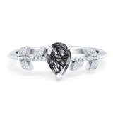 Pear Teardrop Natural Rutilated Quartz Beaded Leaf CZ Ring 925 Sterling Silver