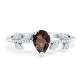 Pear Teardrop Natural Chocolate Smoky Quartz Beaded Leaf CZ Ring 925 Sterling Silver
