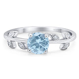 Art Deco Round Natural Aquamarine Floral Leaf Style Ring 925 Sterling Silver