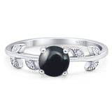Art Deco Round Natural Black Onyx Floral Leaf Style Ring 925 Sterling Silver