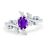 Floral Oval Natural Amethyst Leaf Art Deco Ring 925 Sterling Silver