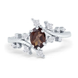 Floral Oval Natural Chocolate Smoky Quartz Leaf Art Deco Ring 925 Sterling Silver