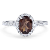 Vintage Style Oval Natural Chocolate Smoky Quartz Halo Wedding Ring 925 Sterling Silver