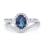 Two Piece Oval Lab Alexandrite Halo Bridal Set Ring 925 Sterling Silver