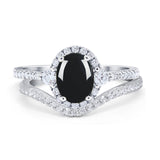 Two Piece Oval Natural Black Onyx Halo Bridal Set Ring 925 Sterling Silver