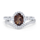 Two Piece Oval Natural Chocolate Smoky Quartz Halo Bridal Set Ring 925 Sterling Silver