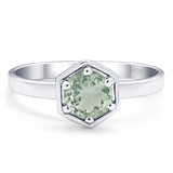 Minimalist Round Natural Green Amethyst Prasiolite Solitaire Hexagonal Ring 925 Sterling Silver