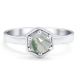 Minimalist Round Natural Green Moss Agate Solitaire Hexagonal Ring 925 Sterling Silver