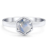 Minimalist Round Natural Moonstone Solitaire Hexagonal Ring 925 Sterling Silver