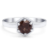 Minimalist Round Natural Chocolate Smoky Quartz Solitaire Hexagonal Ring 925 Sterling Silver