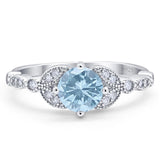 Vintage Style Round Natural Aquamarine Floral Leaf Accent Ring 925 Sterling Silver