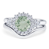 Two Piece Round Natural Green Amethyst Prasiolite Wedding Set Ring 925 Sterling Silver
