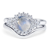 Two Piece Round Natural Moonstone Wedding Set Ring 925 Sterling Silver