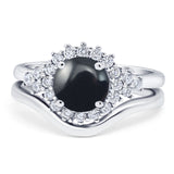 Two Piece Round Natural Black Onyx Wedding Set Ring 925 Sterling Silver