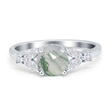 Round Natural Green Moss Agate Leaf Accent Ring 925 Sterling Silver