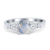 Round Natural Moonstone Leaf Accent Ring 925 Sterling Silver