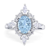 Art Deco Oval Natural Aquamarine Marquise Style Beaded Ring 925 Sterling Silver
