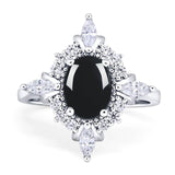 Art Deco Oval Natural Black Onyx Marquise Style Beaded Ring 925 Sterling Silver