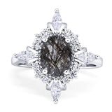 Art Deco Oval Natural Rutilated Quartz Marquise Style Beaded Ring 925 Sterling Silver