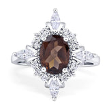 Art Deco Oval Natural Chocolate Smoky Quartz Marquise Style Beaded Ring 925 Sterling Silver