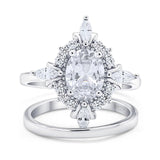 Two Piece Art Deco Oval Moissanite Wedding Set Ring 925 Sterling Silver
