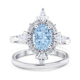 Two Piece Art Deco Oval Natural Aquamarine Wedding Set Ring 925 Sterling Silver