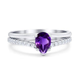 Pear Teardrop Natural Amethyst Wedding Ring 925 Sterling Silver
