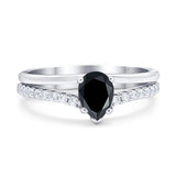 Pear Teardrop Natural Black Onyx Wedding Ring 925 Sterling Silver