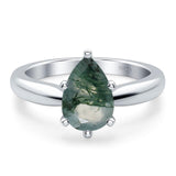 Pear Teardrop Natural Green Moss Agate Solitaire Cathedral Ring 925 Sterling Silver