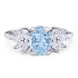 Art Deco Oval Natural Aquamarine Floral Leaf Style Ring 925 Sterling Silver