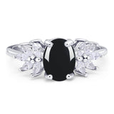 Art Deco Oval Natural Black Onyx Floral Leaf Style Ring 925 Sterling Silver