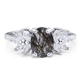 Art Deco Oval Natural Rutilated Quartz Floral Leaf Style Ring 925 Sterling Silver