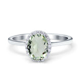 Oval Natural Green Amethyst Prasiolite Solitaire Ring Halo CZ 925 Sterling Silver
