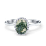Oval Natural Green Moss Agate Solitaire Ring Halo CZ 925 Sterling Silver