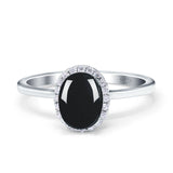 Oval Natural Black Onyx Solitaire Ring Halo CZ 925 Sterling Silver