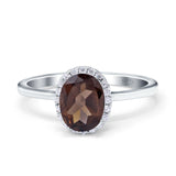 Oval Natural Chocolate Smoky Quartz Solitaire Ring Halo CZ 925 Sterling Silver