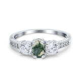 Three Stone Oval Natural Green Moss Agate Wedding Ring 925 Sterling Silver