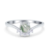 Art Deco Round Natural Green Moss Agate Cluster CZ Ring 925 Sterling Silver
