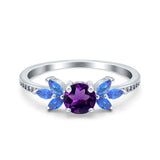 Art Deco Round Natural Amethyst Floral Leaf Ring 925 Sterling Silver