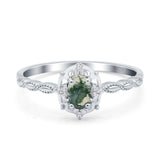 Art Deco Oval Natural Green Moss Agate Floral Wedding Ring 925 Sterling Silver