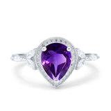 Art Deco Pear Teardrop Natural Amethyst Leaf Style Ring 925 Sterling Silver